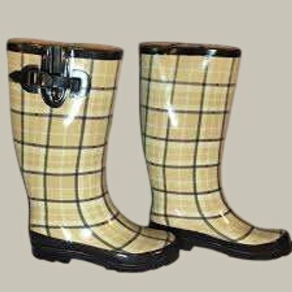 Womens Tan Plaid Rubber Rain Boots Waterproof Lug Sole Buckle Detail Size 8